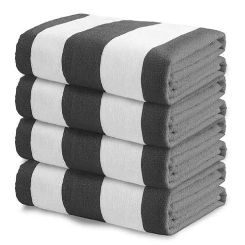 Exclusivo Mezcla 4 Pack Beach Towels, Large Microfiber Striped Beach Bath Pool Towel Set for Kids and Adults, Lightweight and Absorbent, 30x60 Inches, Grey