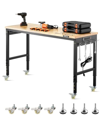 VEVOR Établi Atelier Garage 1524 mm Table de Travail sur roulettes à Hauteur Réglable, Capacité de Charge 907,2 kg avec Prise de Courant, Panneau Perforé,...