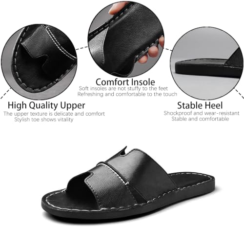 Image of Men's Leather Cutout Slides Sandals Comfortable Lightweight Open Toe Anti-Slip Soft Bottom Slip On Slippers Summer Outdoor Casual Beach Sandals