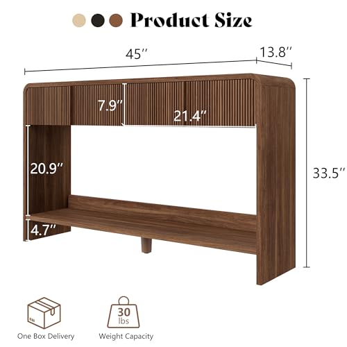 Image of AMERLIFE 45 inch Fluted Console Table with 2 Drawers and Open Shelf, Modern Entryway Table with Rounded Edges, Wood Sofa Table for Hallway, Foyer, Behind Couch, Living Room, Brown