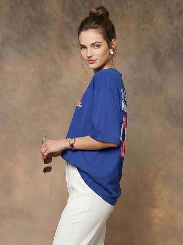 Image of JUNEBERRY Pure Cotton Oversized Drop Shoulder T-Shirt for Women | Front & Back Print, Half Sleeve, Baggy Fit, Round Neck | Sizes S-XXL
