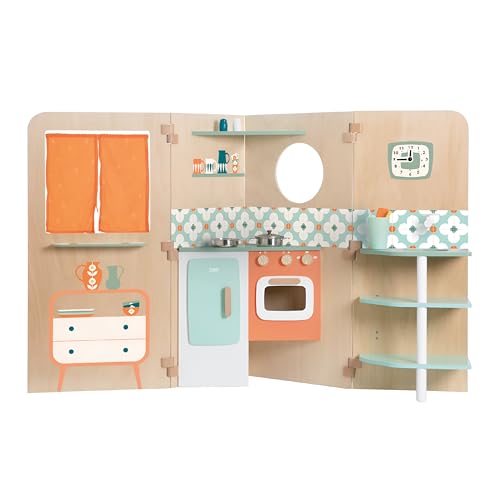 Classic World My Little Home, Role-Play Kitchen, Wooden Vintage Fold-Out Play House with Multiple Rooms, Easy Compact Storage, Non-Toxic Paint, 3 Years+, 14 Pieces, 140 x 56 x 90 cm
