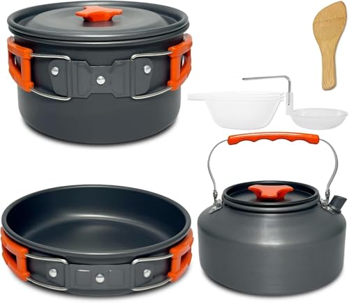 Packcy 9-Piece Camping Cookware Set | Lightweight Mess Kit for Camping, Hiking & Backpacking Non-Stick Pot Pan Bowls with Utensils Compact Outdoor...