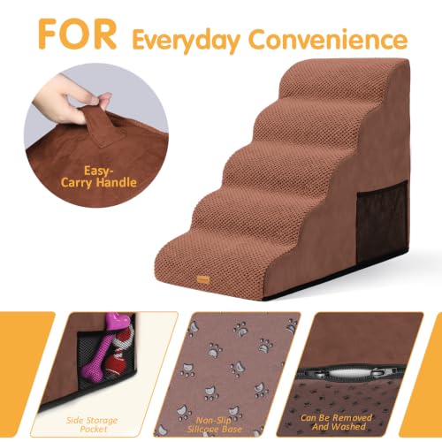 Image of Topmart High Density Foam Dog Steps 5 Tiers, Extra Wide Deep Pet Steps | Non-Slip Dog Stairs Ramp for Bed, Soft Foam Cat Ladder,Best for Older Injured, Older Pets, Cats with Joint Pain