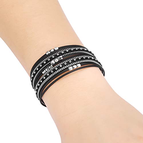 Image of Fesciory Leather Wrap Bracelets for Women, Boho Leopard Multi-Layer Crystal Beads Cuff Bracelet Jewelry