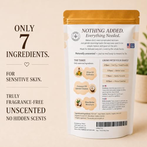Image of Fragrance Free Baby Bar Soap for Sensitive Skin | Unscented Natural soap bar for toddlers kids adults with gentle skin | Organic ING | Made in USA | 12 Bars (3.5 oz Each)