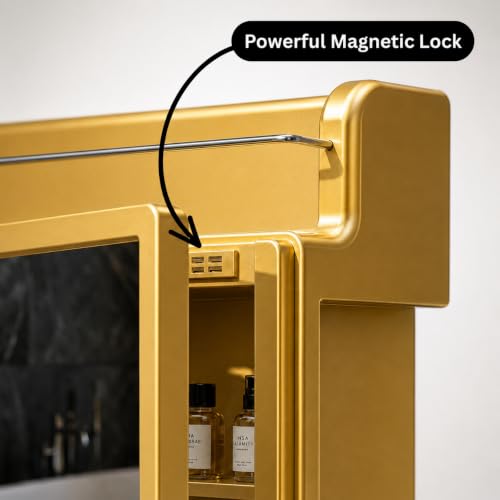 Image of BRANCO Bathroom Cabinet with Mirror | Storage Organiser | Strong Plastic Bathroom Shelves Wall Mounted | Mirror Cabinet (Golden)