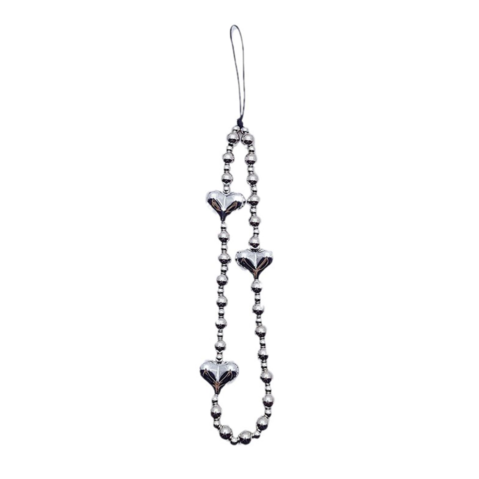 NEWFT Stylish Acrylic Beaded Phone Lanyard Silver Heart Phone Chain Lovely Keychain with Black Heart Charm for Women Girl