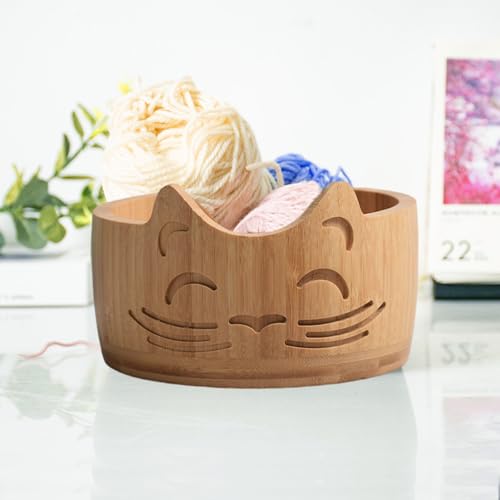 Image of Wooden Yarn Bowl for Crocheting, Knitting Bowl Yarn Holder Bowl with Holes, Yarn Storage Bowls for DIY Knitting and Crochet, 6.7 inch x 3.9 inch