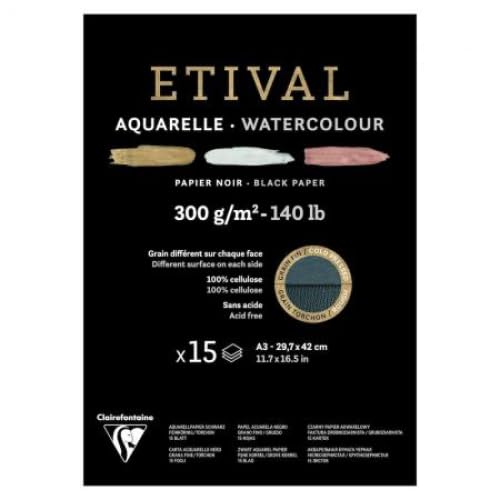 Lot de 5 Bloc encollé de 15 feuilles de papier aquarelle Etival Noir grain fin/torchon, 300 g/m², A3