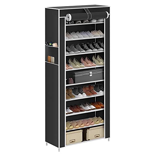 Youyijia 10 Tier Shoes Rack Storage Shoe Cabinet with Dustproof Cover 160 * 58 28cm Storage Organiser Holds 27 Pairs Shoe Stand for Hallway Living Room (Black)