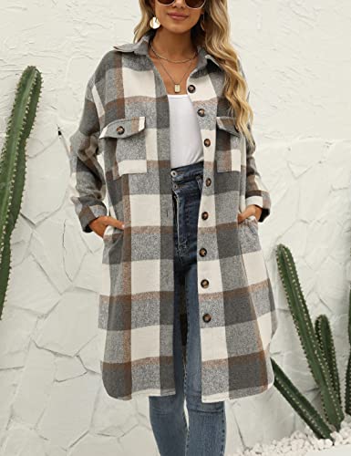 Seekme Women's Long Plaid Shirt Jacket Shacket Lapel Button Down Woolen Blend Casual Tartan Over Shirt Trench Coat (Dark Grey, X-Large) #TOP1
