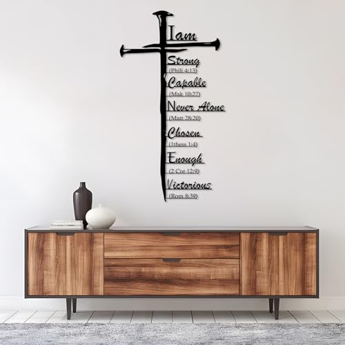 Metal Cross Wall Art Scripture-Inspired Christian Decor Biblical Verse Cross Metal Wall Decor Daily Faith Reminder for Living Room Bedroom Home Decor Ready to Hang (Black 24x14in|62x34cm)