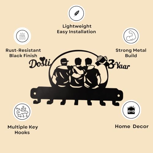 Image of Metal Dosti Key Holder Wall Mount | 7 Hooks Key Hanger No Drill | Decorative Friendship Design Key Rack for Home Entryway Kitchen | Wall Hook Organizer