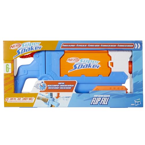 Nerf Super Soaker Flip Fill Wasserblaster mit 4 Modi (Einzelstrahl, Streustrahl und Fächerstrahl), schnelles Befüllen, Outdoorspielzeug mit 887 ml Tank, Wasserspiel für Jungen und Mädchen