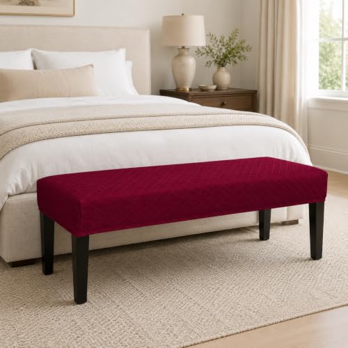 Image of Street27 High Stretch Jacquard Dining Bench Cover Elastic Chair Covers - Anti-Dust Removable Bench Slipcover Washable Bench Seat Protector Cushion Cover for Living Room, Bedroom, (Wine Red)