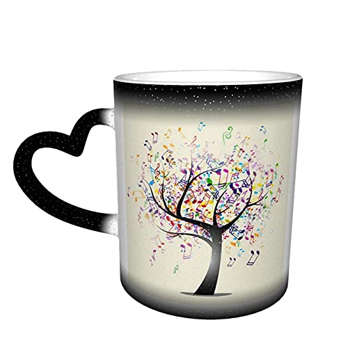 Taza con notas musicales abstractas, árbol de la vida, taza de café cambiante de color, taza de viaje de cerámica sensible al calor