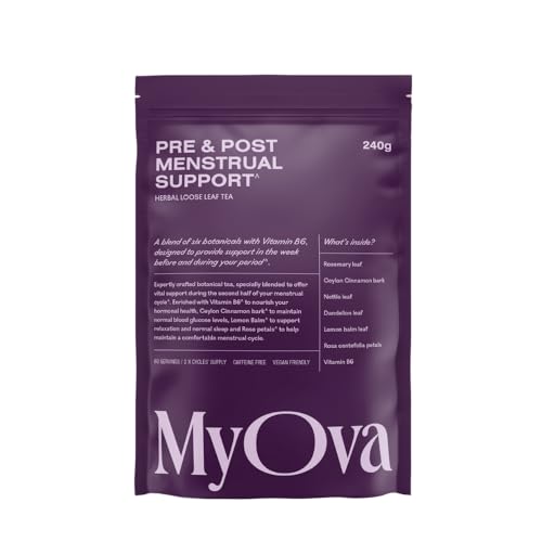 MyOva Pre & Post Menstrual Support Tea - Period Pain Relief Tea - Hormone Balance with Rosemary Leaf - Lemon Balm for Bloating Relief - Vegan & Organic - 240g, 60 Servings, 30 Days Supply