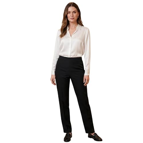 Image of Ladies Trousers Half Elasticated Waist Women Straight Leg Pants Pull On Stretch Work Office Formal Casual Bottom with Pockets Lightweight Smart Trouser Black 18/25