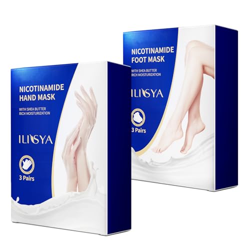 ROUSE Hand and Foot Mask Set, 3 Pack Foot Mask & 3 Pack Hand Mask for Dry Cracked Hand Heel, Moisturizing Glove & Socks with Nicotinamide + Shea Butter + Goat Milk