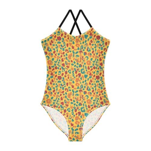 senya Girls Swimsuits One-Piece Swimwear Tie Bathing Suit Beach Summer Round Neck 7-8T Leopard Print Yellow