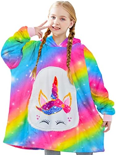 Sylfairy Blanket Hoodie for Kids Sweatshirt Blanket Girls Oversized Wearable Blanket Unicorn Blanket Sherpa Hooded Sweatshirt One Size Fits All, Rainbow Unicorn