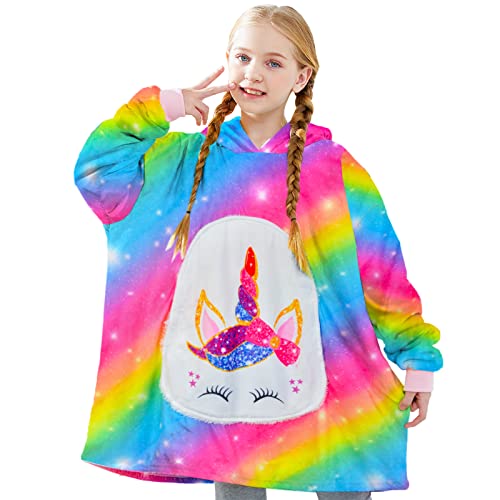 Sylfairy Blanket Hoodie For Kids Sweatshirt Blanket Girls Oversized Wearable Blanket Unicorn Blanket Sherpa Hooded Sweatshirt One Size Fits All, Rainbow Unicorn #TOP19