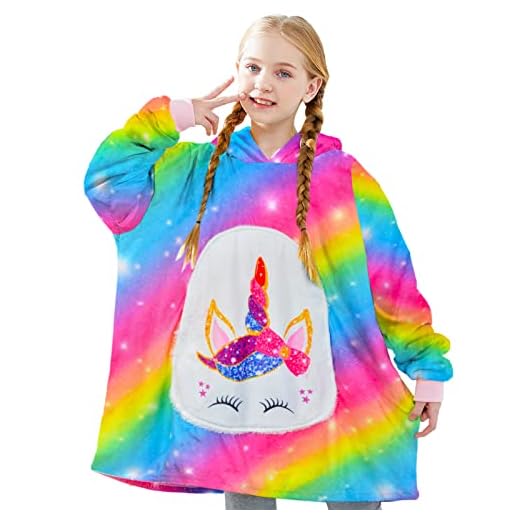 Sylfairy Blanket Hoodie for Kids Sweatshirt Blanket Girls Oversized Wearable Blanket Unicorn Blanket Sherpa Hooded Sweatshirt One Size Fits All, Rainbow Unicorn