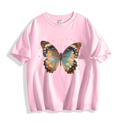 Butterfly Short Sleeve Shirt Kids Summer Tshirts Girls Short Sleeve Casual Graphic Clothes Crew Neck Shirts 2-12Y