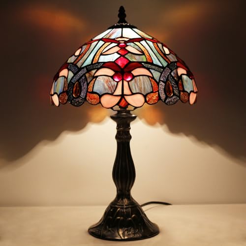 Image of WERFACTORY Tiffany Lamp Blue Pink Stained Glass Table Lamp 18 Inch Tall