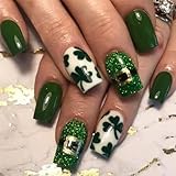 24 Pcs St. Patrick's Day Press on Nails Short Square - MINGCHUN Green Fake Nails Press ons Acrylic Nail Art Tip Green Glitter White French Four Leaf Clover Design Full Cover False Nails Glue on Nails