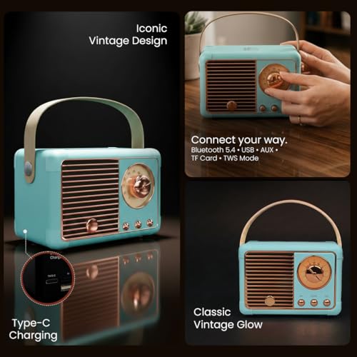 Image of Walta Elite Retro Portable Bluetooth Speaker, Vintage Design, Blue, 10W, TWS Mode, BT 5.4, USB /AUX /TF, Type-C Charging, up to 5Hrs Playtime
