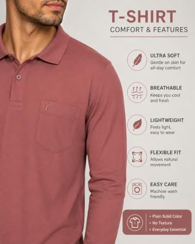 Image of CAMEY Men's Plain Solid Long Sleeve Polo T-Shirt | Regular Fit | Collared Casual Cotton Blend Tee with Chest Pocket | Everyday Comfort Wear