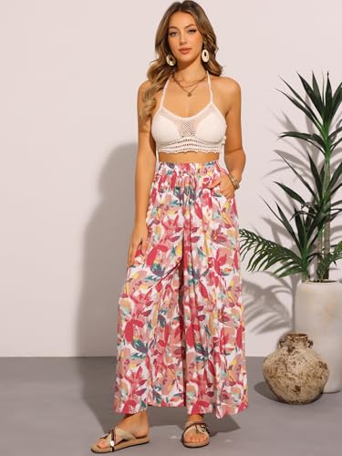 Allegra K Tropical Pants for Women's Boho Elastic Waisted Flare Palazzo Wide Leg Pants4