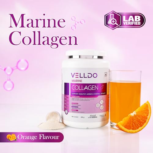 Image of Leeford Velldo Marine Collagen Supplement with Vitamin C & E for Men and Women, for Healthy Skin, Hair, Nails, Bones & Joints | Orange Flavour, Sugar Free & Gluten-free 200 g