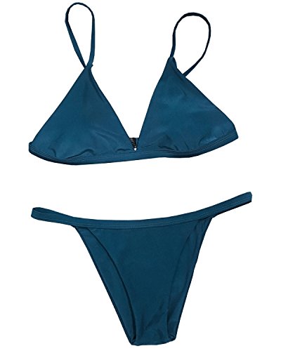 CUPSHE Women's Solid Color Back Hook Bikini Set Beach Swimwear Bathing Sui (L, Dark Blue)