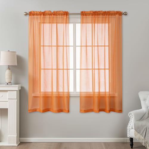 Image of Orange Sheer Curtains 63 Inch Length, Privacy Semi Sheer Curtains for Living Room Bedroom, Light Filtering Rod Pocket Voile Window Drapes 2 Panels Set, Each 42 inch W x 63 inch L