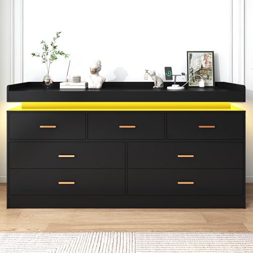 Image of jiteentarou 7 Drawer Dresser with Charging Station and LED Lights, Modern Chest of Drawers with Power Outlet, Organizer Cabinet for Bedroom, Living Room, Entryway, Black