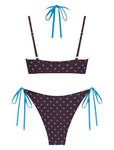 Image of ZAFUL Women's Polka Dot Bikini Set Double Layer Halter Swimsuit Colorblock Side Tie 2 Piece Bathing Suit