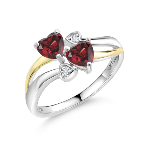 Gem Stone King 925 Silver and 10K Yellow Gold Red Garnet and White Lab Grown Diamond Ring For Women (1.22 Cttw, January Birthstone, Heart Shape 5MM, Available in Size 5,6,7,8,9)