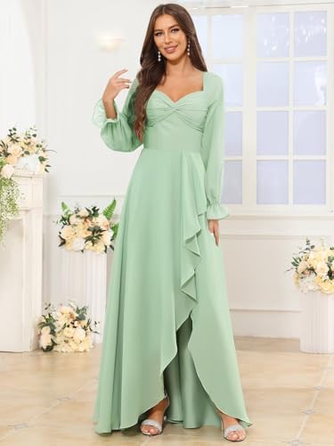 VCCICANY Long Sleeve Chiffon Bridesmaid Dresses for Women Sweetheart Ruffle Ruched Formal Evening Gowns with Slit4