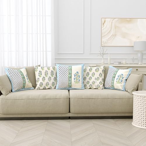 Image of BLOCKS OF INDIA Hand Block Printed Cotton Linen Cushion Cover (16 x 16 inches) (DYE Blue Green Half)