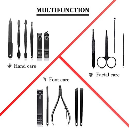 Image of Professional Stainless Steel Nail Clipper Travel & Grooming Kit Nail Tools Manicure & Pedicure Set of 15pcs with Luxurious Case (Black /Red)