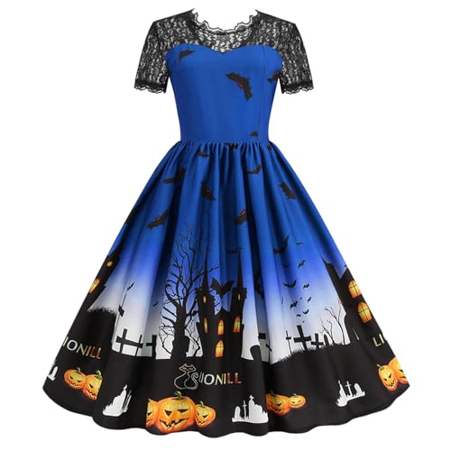 Halloween Kleid Damen Partykleid Spitzenkragen Kurzarm Vintage Festliche Kleider Hexenkleid Cocktailkleid Knielang Midikleid A-Linie Abendkleid Swing...
