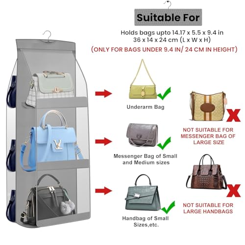 Image of Handbag Organizer, 6-Pocket Hanging Purse Holder, Clear PVC Windows for Quick Identification, Stainless Steel Swivel Hook, Grey, Large