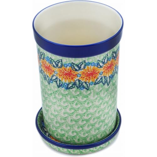 Authentic Polish Pottery Wine Chill with Saucer Signature UNIKAT in Marigold Chain Design Handmade in Boles?awiec Poland by Ceramika Artystyczna + Certificate of Authenticity