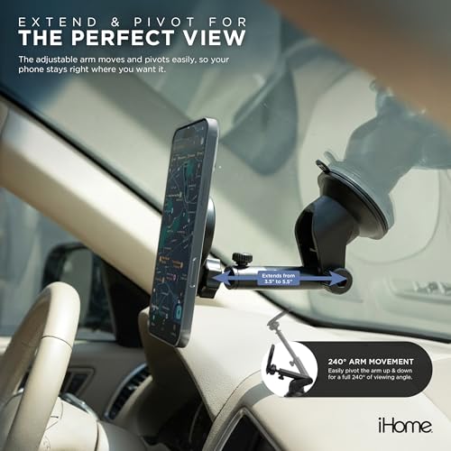 Image of iHome Car Mount, Dashboard /Windshield /Vent Mount, Swivel Neck, Silicone Grip, Adjustable Mount Arm with Suction Cup Base (Magnetic Car Mount)
