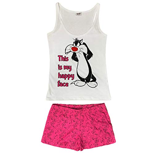 Looney Tunes Pyjama court pour femme Chat Silvestro Débardeur et short Coton 3234 - Blanc - XL