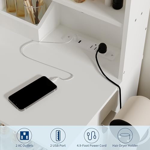 Vanity Desk with LED Lights Mirror & Power Outlet, Makeup Vanity Table Set with Storage Drawers Shelves Cabinet& Chair, 3 Lighting Modes & Adjustable Brightness, Dressing Table for Women Girls Bedroom