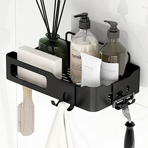 Etagere de douche Noir sans perçage, Étagère salle de bain avec 3 crochet pour cuisine, chambre, salle de bain